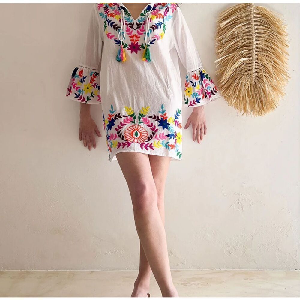 Debbie Katz Womens Embroidered Fluted‎ Sleeve Maui Boho Tunic White Small NWOT